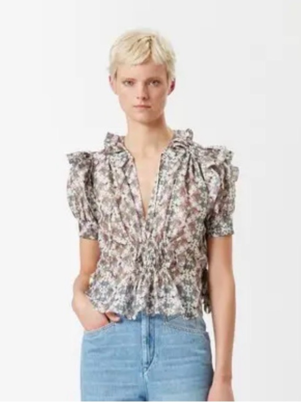 Isabel Marant Anaelle Floral Ruffle Short-Sleeve Peplum Top - Pink Multi size 40